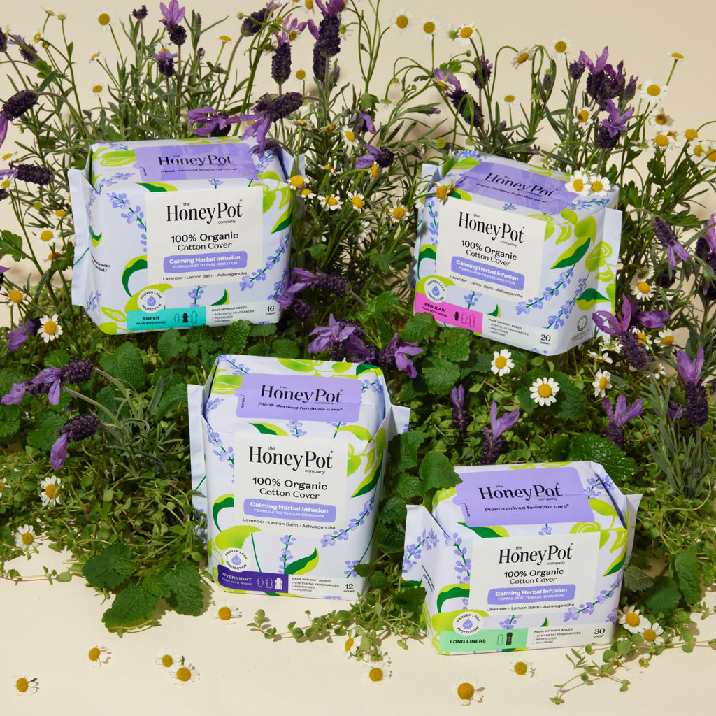 Honey Pot - Calming Long Panty Liners for Women - 100% Organic Cotton Top Sheet - Feminine Care - Non Cooling - Calming Herbs of Lavender, Ashwagandha, & Lemon Balm - 120ct