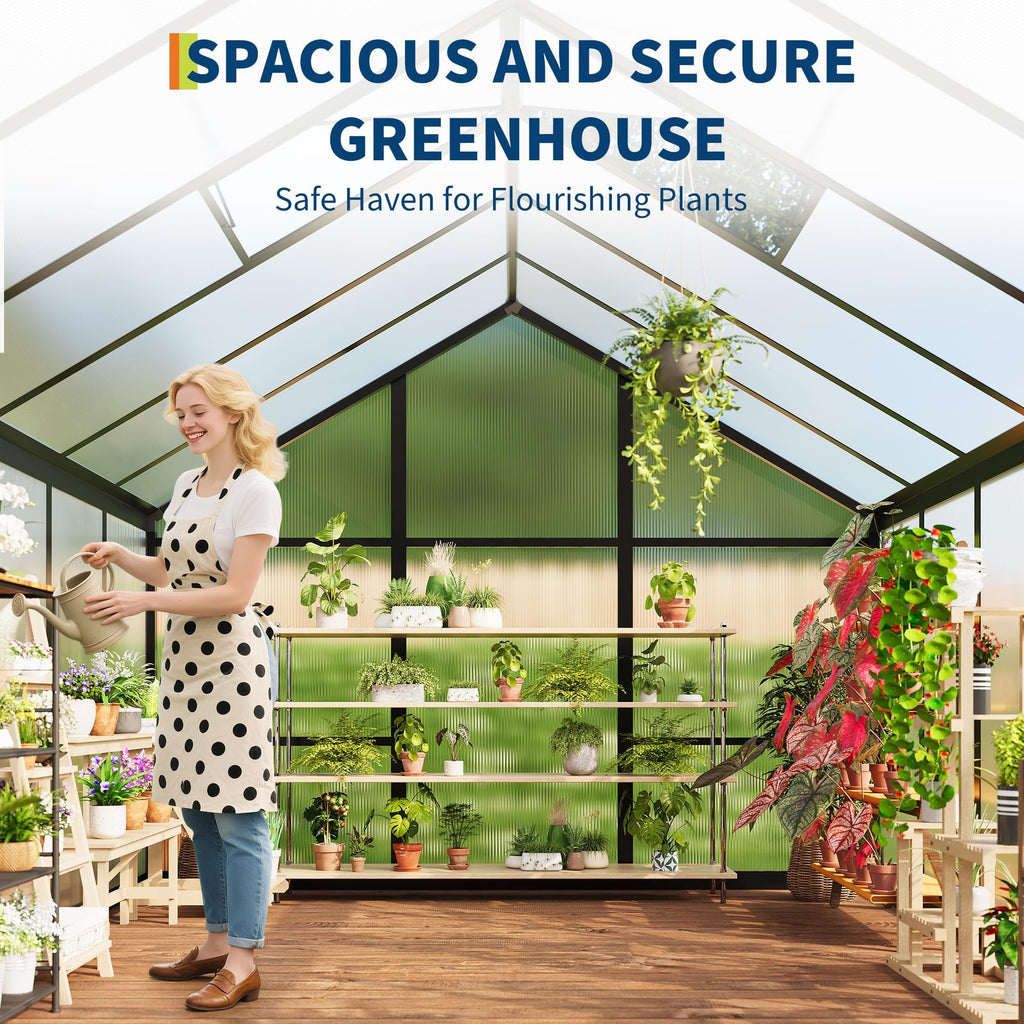 6x8FT Polycarbonate Greenhouse, Walk-in Outdoor Aluminum Frame Greenhouse with Roof Vent, Lockable Push Door for Garden, Backyard, Patio & Lawn