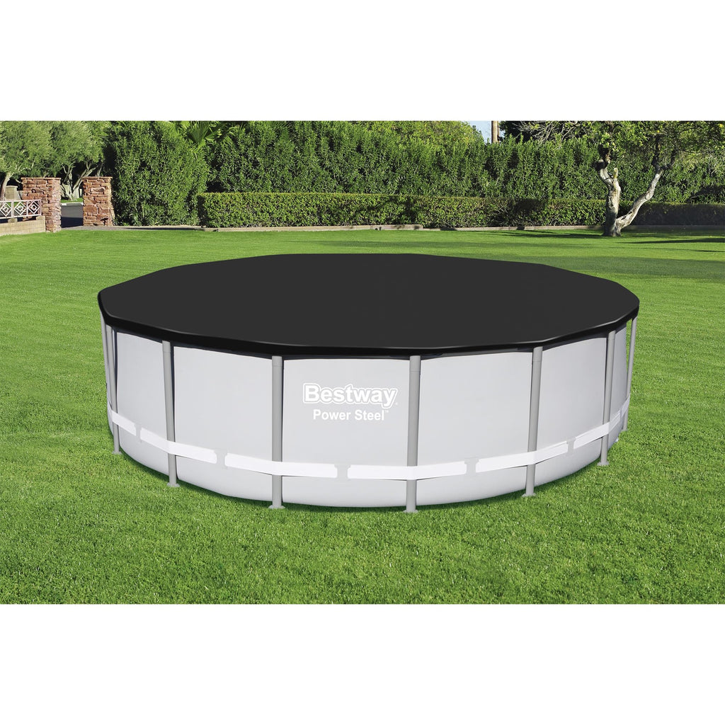 Bestway Round PVC 16 Foot Pool Cover for Above Ground Pro Frame Pools with Drain Holes and Secure Tie-Down Ropes, Black (Cover Only)
