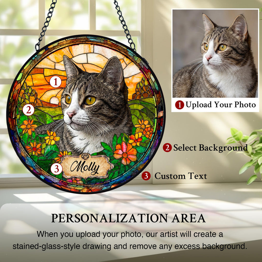 Personalized Pet Stained Glass Suncatcher Dog Cat Memorial Window Hanging