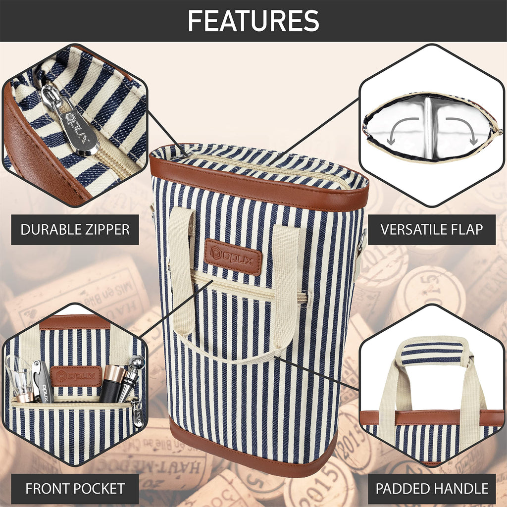 opux 2 Bottle Wine Bag Carrier Insulated Leakproof Wine Cooler Navy Stripes