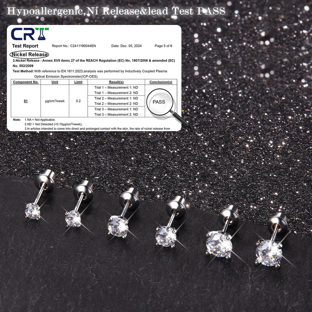 FASACCO 925 Sterling Silver Stud Earrings 18K White Gold Plated Screw Back Earrings for Women Girls Hypoallergenic Cubic Zirconia Earrings Studs 3MM 4MM 5MM Sparkling CZ Silver Over 36 Months Old