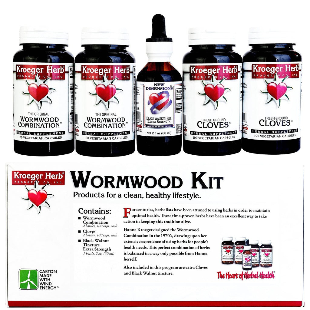 Kroeger Herb Products, Wormwood Herb Supplement Kit, Black Walnut, Clove, Quassia, Worm Wood Detox Cleanse - Capsules, Non-GMO, Gluten Free, No Preservatives or Fillers, Made in USA
