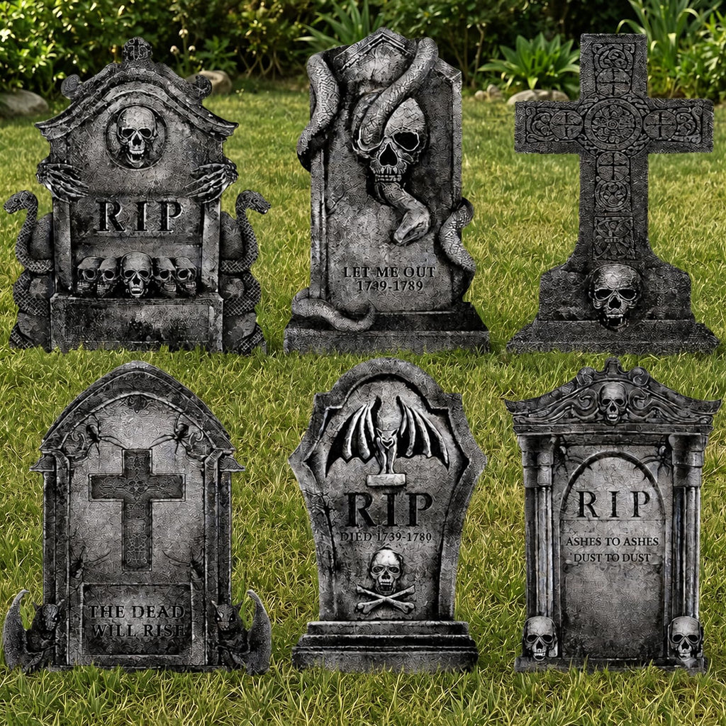 Halloween Decorations Outdoor Graveyard Tombstones: 6ct Large Tombstone Halloween Decor Yard Signs with Stakes, 16" Realistic Scary Skeleton RIP Cemetery Gravestones for Yard Lawn Outside Home Party