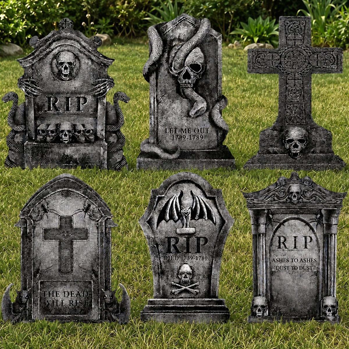 Halloween Decorations Outdoor Graveyard Tombstones: 6ct Large Tombstone Halloween Decor Yard Signs with Stakes, 16" Realistic Scary Skeleton RIP Cemetery Gravestones for Yard Lawn Outside Home Party