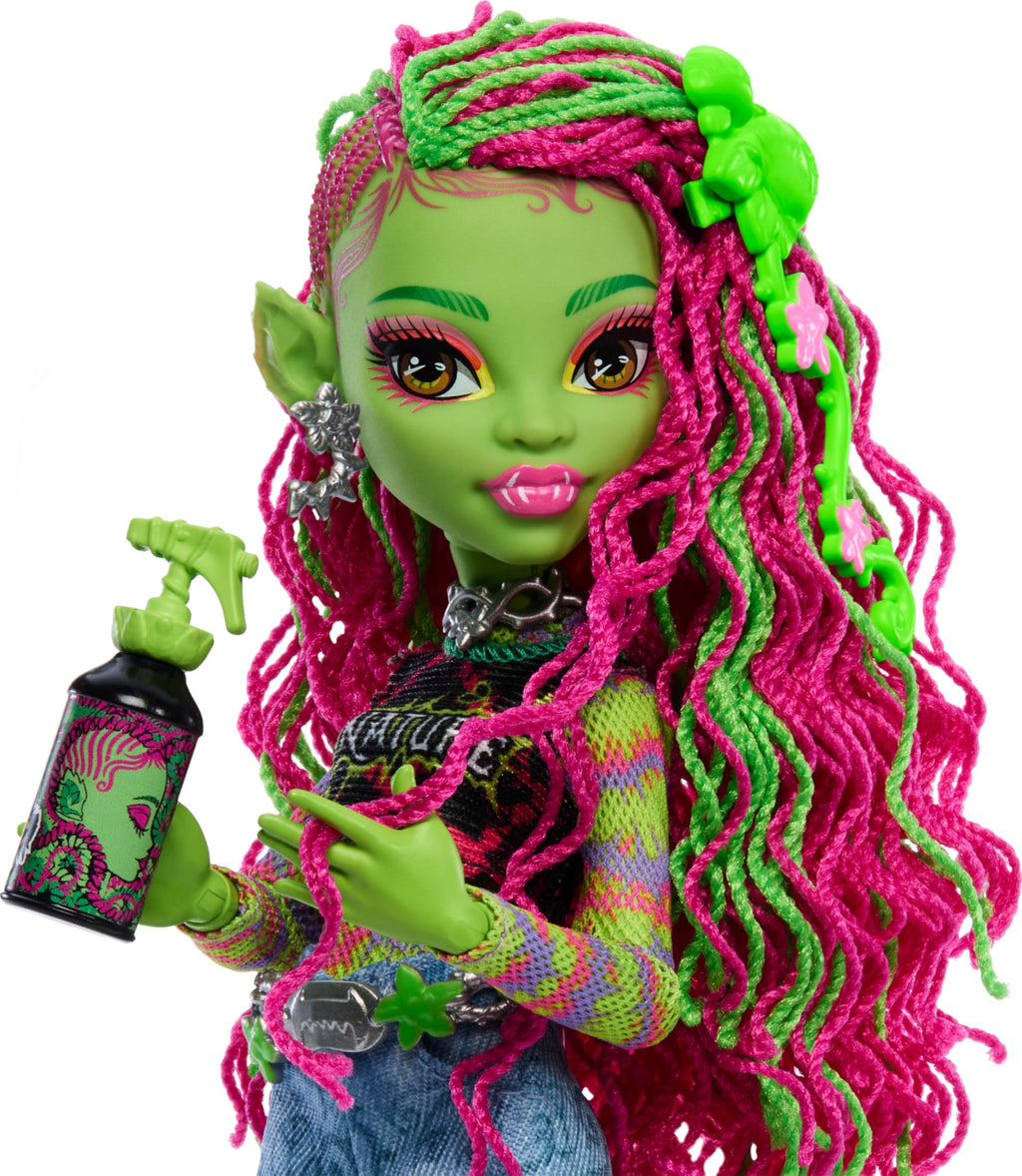 Monster High Venus McFlytrap Doll with Plant Monster Pet Cat Chewlian and Accessories Like Backpack, Notebook, Snacks and More