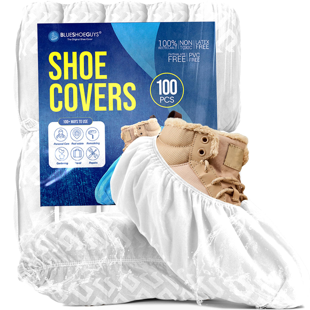 Premium Boot & Shoe Covers Disposable Booties - 100 Pack - Durable, Non-Slip, Non-Toxic, Water Resistant, Recyclable Protectors for Indoor & Outdoor - Large Size Fits Most Shoes