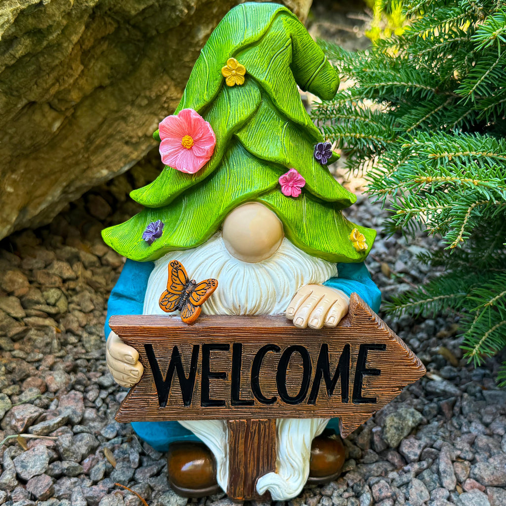 Mood Lab Garden Gnome - Solar Gnome Figurine with Welcome Sign - 9.1 Inch Decor Outdoor Lawn Statue with LED Lights
