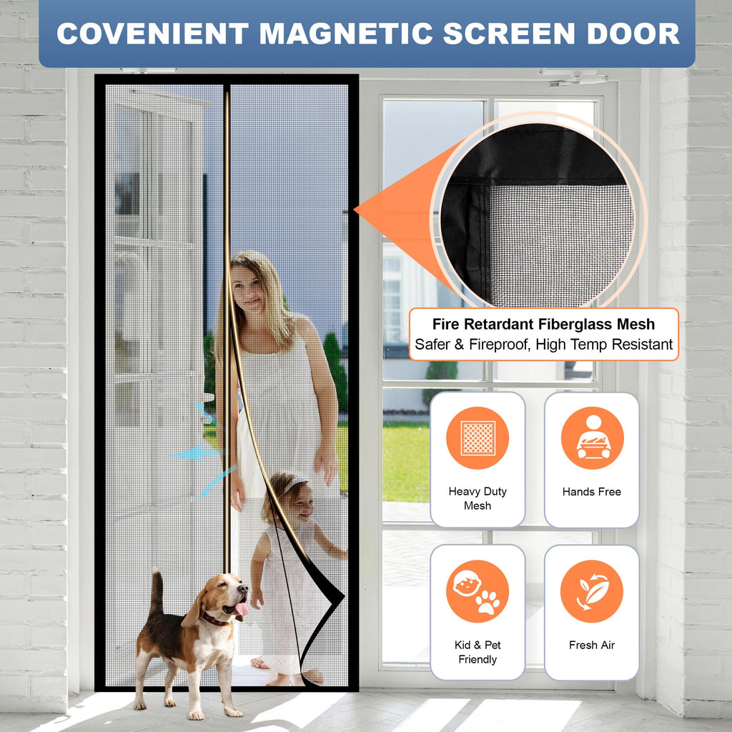 METAONLY Fiberglass Magnetic Screen Door Mesh Fits 36" x 80" Door - Curtain Size 38" x 82", Works for Patio, Sliding Door, Keeps Bug Mosquito Out, Fresh Air Flow, Black