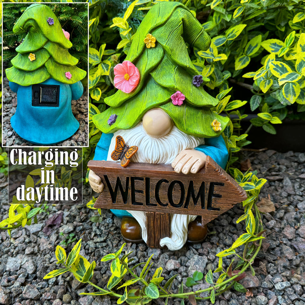 Mood Lab Garden Gnome - Solar Gnome Figurine with Welcome Sign - 9.1 Inch Decor Outdoor Lawn Statue with LED Lights