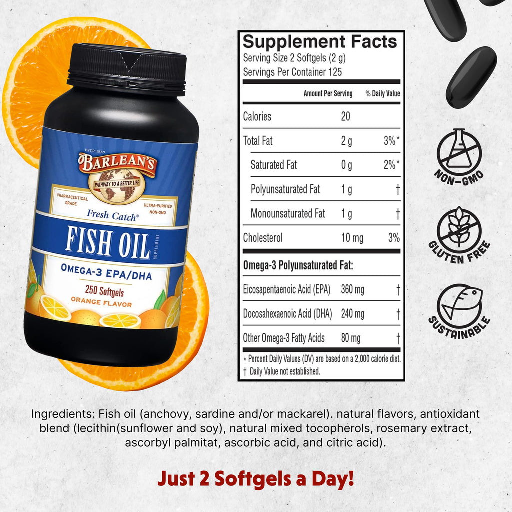 Barlean's Omega 3 Fish Oil Supplements, 600mg Fish Oil Pills with EPA & DHA, Softgels for Joint, Brain, & Heart Health, Orange Flavored, 250 Count