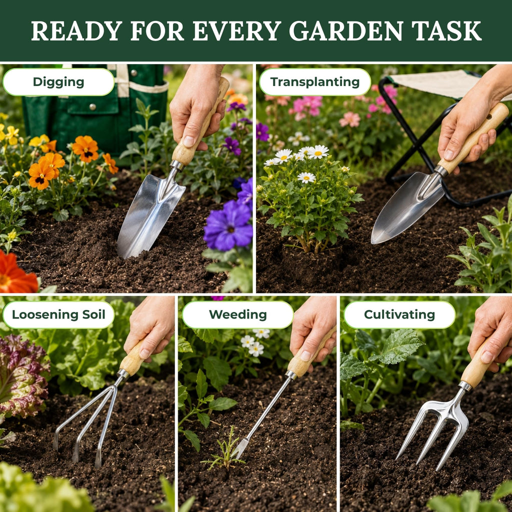GardenHOME 7-Piece Gardening Tool Set with Folding Stool and Storage Tote Bag, Stainless Steel Garden Tools with Wooden Handles, Garden Kit for Planting, Weeding, Pruning, Yard Work, Gardening Gifts