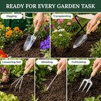 GardenHOME 7-Piece Gardening Tool Set with Folding Stool and Storage Tote Bag, Stainless Steel Garden Tools with Wooden Handles, Garden Kit for Planting, Weeding, Pruning, Yard Work, Gardening Gifts