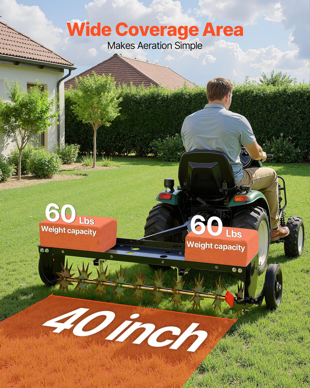 VEVOR Tow Behind Plug Aerator, 40 in Lawn Spike Aerator with Universal Hitch, 150lbs Weight Capacity, Heavy Duty & Rust-Resistant, Pull Behind Aeration Tool with Tray for Farmland & Garden Tractors