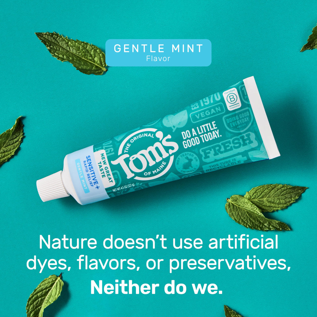 Tom's of Maine Rapid Relief Plus Sensitive Teeth Toothpaste, Fluoride Free, Gentle Mint, 4.5 Oz, 3 Pack, Clinically Proven Enamel Safe, Builds Arginine and Calcium Shield Around Teeth