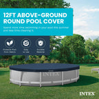 INTEX 28031E Pool Cover: For 12ft Round Metal Frame Pools – Includes Rope Tie – Drain Holes – 10in Overhang – Snug Fit