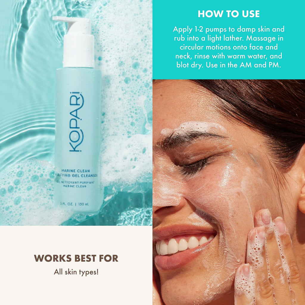 Kopari Marine Clean Purifying Gel Cleanser, Infused with Amino Acids & Vitamin B5, Dual-Action Gel-to-Foam Cleanser, Gentle and Nourishing, 5 oz | New Look, Same Formula, Product Packaging May Vary