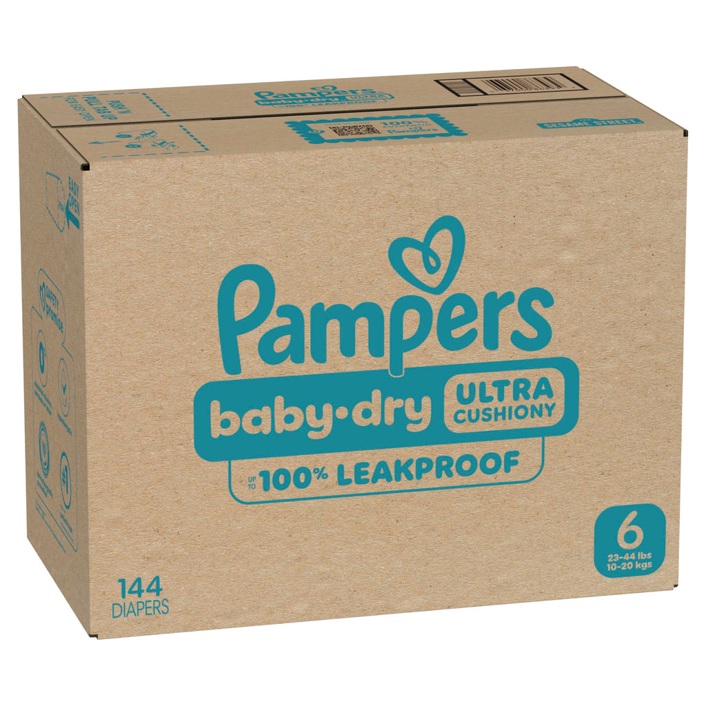 Pampers Baby Dry Ultra Cushiony Diapers, Size 6 (23-44 lbs), 144 Count, Up to 100% Leakproof (Packaging May Vary)