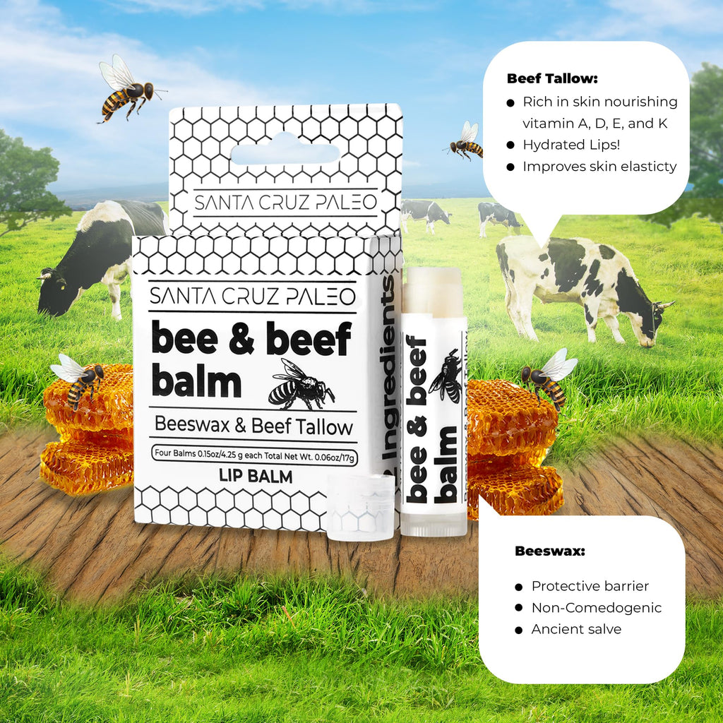 SANTA CRUZ PALEO Beef Tallow Beeswax Lip Balm Hydrating Moisturizer, Natural Grass Fed Lip Care Tallow Balm Soothes Chapped, Dry Lips, Hypoallergenic for Sensitive Skin, Long Lasting & Vitamin Rich
