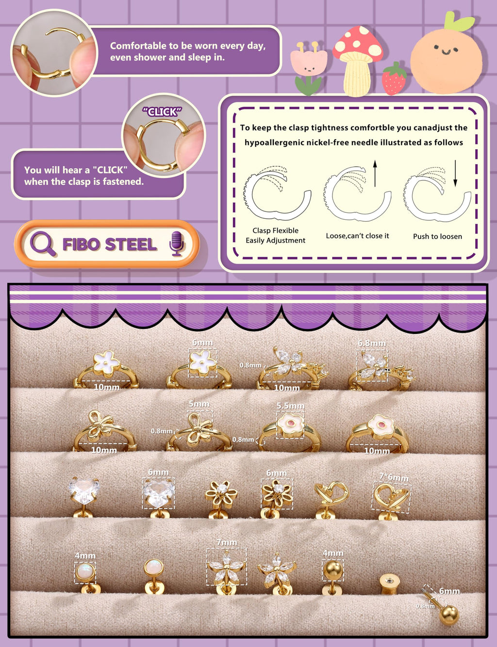 Hypoallergenic Screw Back Earrings for Girls Women - Surgical Steel 14K Gold Plated Cute Toddler Little Girl Kids Earrings for Sensitive Ears Heart CZ Flower Stud Hoop Earring Sets 10 Pairs