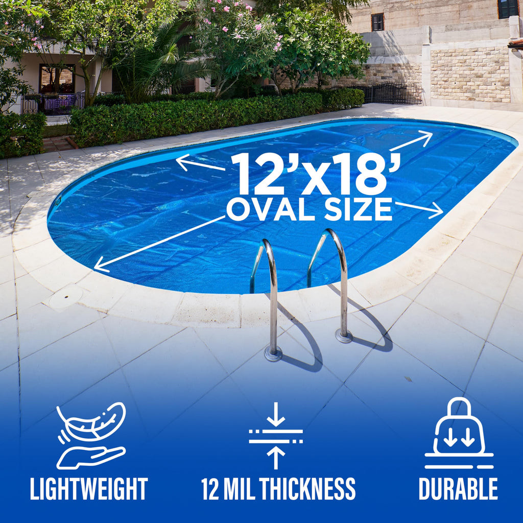 12' x 18' Oval Solar Cover for Inground and Above Ground Pools, 12 Mil - Premium Heavy Duty Solar Blanket for Above Ground Pool, Blue - Made in USA