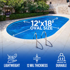 12' x 18' Oval Solar Cover for Inground and Above Ground Pools, 12 Mil - Premium Heavy Duty Solar Blanket for Above Ground Pool, Blue - Made in USA