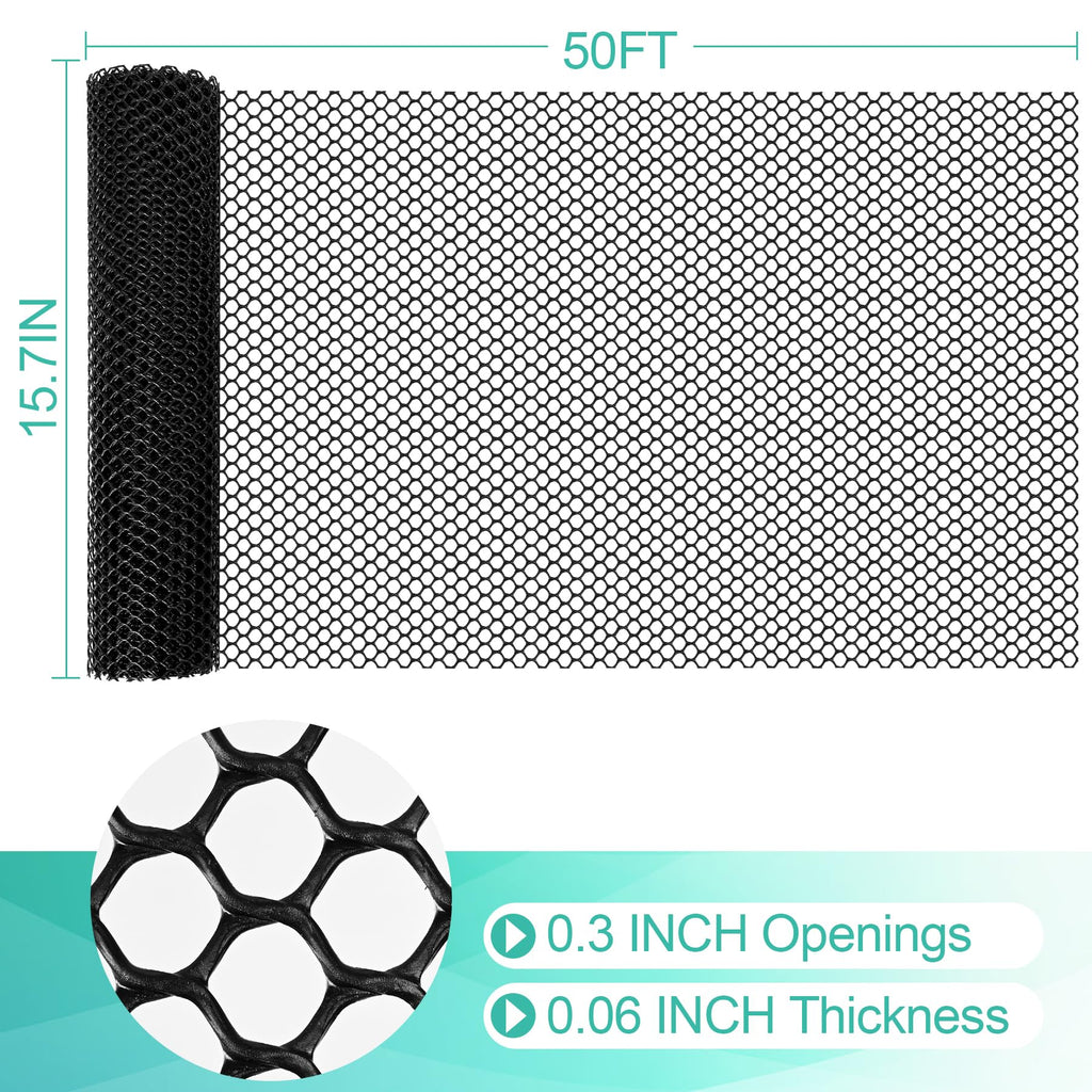 Plastic Mesh Fence Sheet 15.7IN x 50FT - 0.3IN Opening Plastic Chicken Wire Netting Roll Durable for Dogs, Poultry, Puppy, Garden Snake Barrier with 50 Pcs Zip Ties - Black