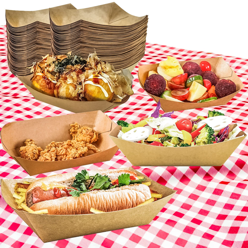 MotBach 100 Pack 2lb Paper Food Trays, Heavy-Duty Paper Food Boat Disposable Serving Basket Tray for French Fries Nachos Snack Hot Dog Taco BBQ Popcorn Party Picnic Wedding Party (Brown)
