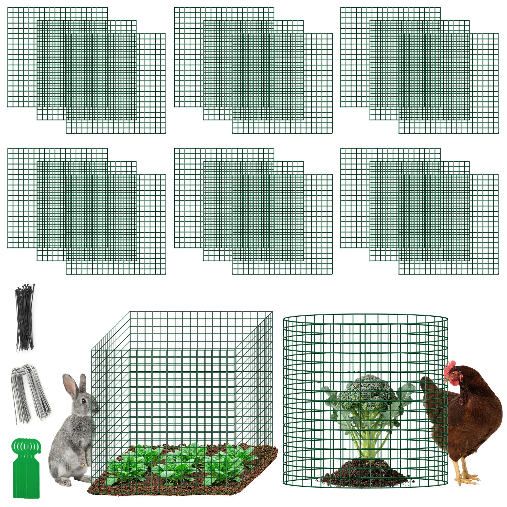 Plant Protectors from Animals - DIY Reusable Plant Cages for Outdoor Plants, Square Mesh Plant Covers Kits, 12"x12" Panels (6/18/30 Pcs) (18, Dark Green)