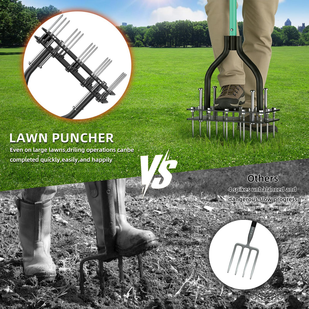Lawn Aerator Tool with Dual-Layer Self-Cleaning Spikes, 15 Spike Heavy Duty Manual Lawn Aerator for Compact Soil, Anti-Clog Grass Aerator for Yard, Garden & Lawn Care