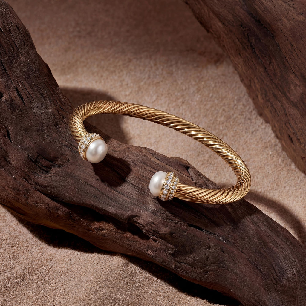 Fettero Gold Cuff Bangle Bracelets for Women - 14K Gold Plated Adjustable Open Cuff Friendship Bracelets Elegant Twisted Cable Bangle Bracelet Lightweight Pearl Bracelet for Dainty Jewelry