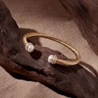 Fettero Gold Cuff Bangle Bracelets for Women - 14K Gold Plated Adjustable Open Cuff Friendship Bracelets Elegant Twisted Cable Bangle Bracelet Lightweight Pearl Bracelet for Dainty Jewelry