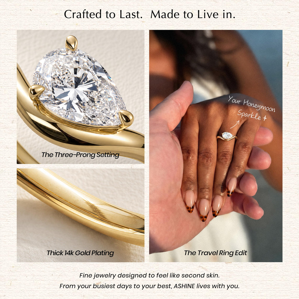 ASHINE 14K Gold Plated Teardrop Solitaire Engagement Ring for Women, Chunky Wavy Cubic Zirconia Wedding Band & Promise Rings for Her Pinky Ring (Gold 5)