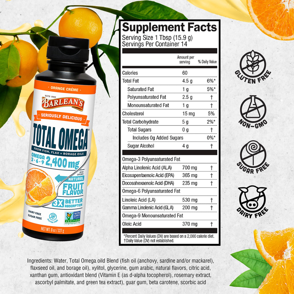 Barlean's Total Omega 3 6 9 Orange Crème Liquid Fish Oil Supplement with Borage and Flaxseed Oil, 2,400 mg of Omegas EPA and DHA Plus GLA for Joint and Heart Health, 8 oz