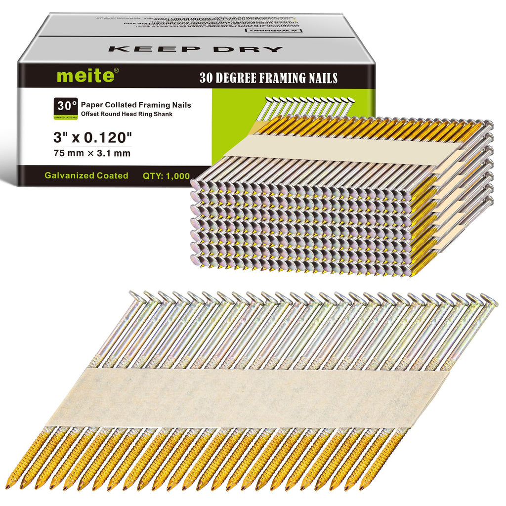 meite 30 Degree Framing Nails 3-Inch x .120-Inch Ring Shank Paper Collated Nails for 30-34 Degree Framing Nailer Gun, Electro-Galvanized Offset Round Head for Decking Sheathing 1,000PCS