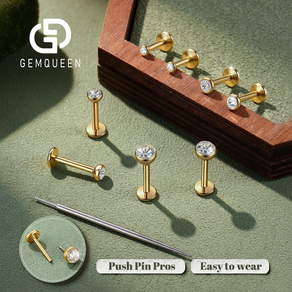 GEMQUEEN 4 Pairs G23 Titanium Flat Back Earrings Hypoallergenic 16G