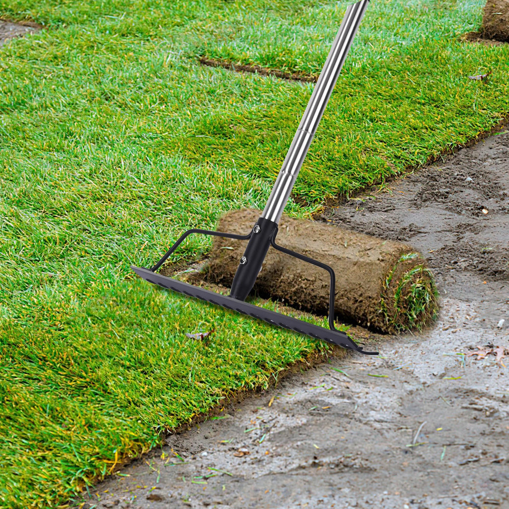 BARAYSTUS 15 Inch Wide Bow Rake, 16 Steel Tines Metal Head Rake Tool with Stainless Steel Handle, Adjustable Long Handle Garden Rake for Loosening Soil Leveling Mulch Gathering Lawns Leaves