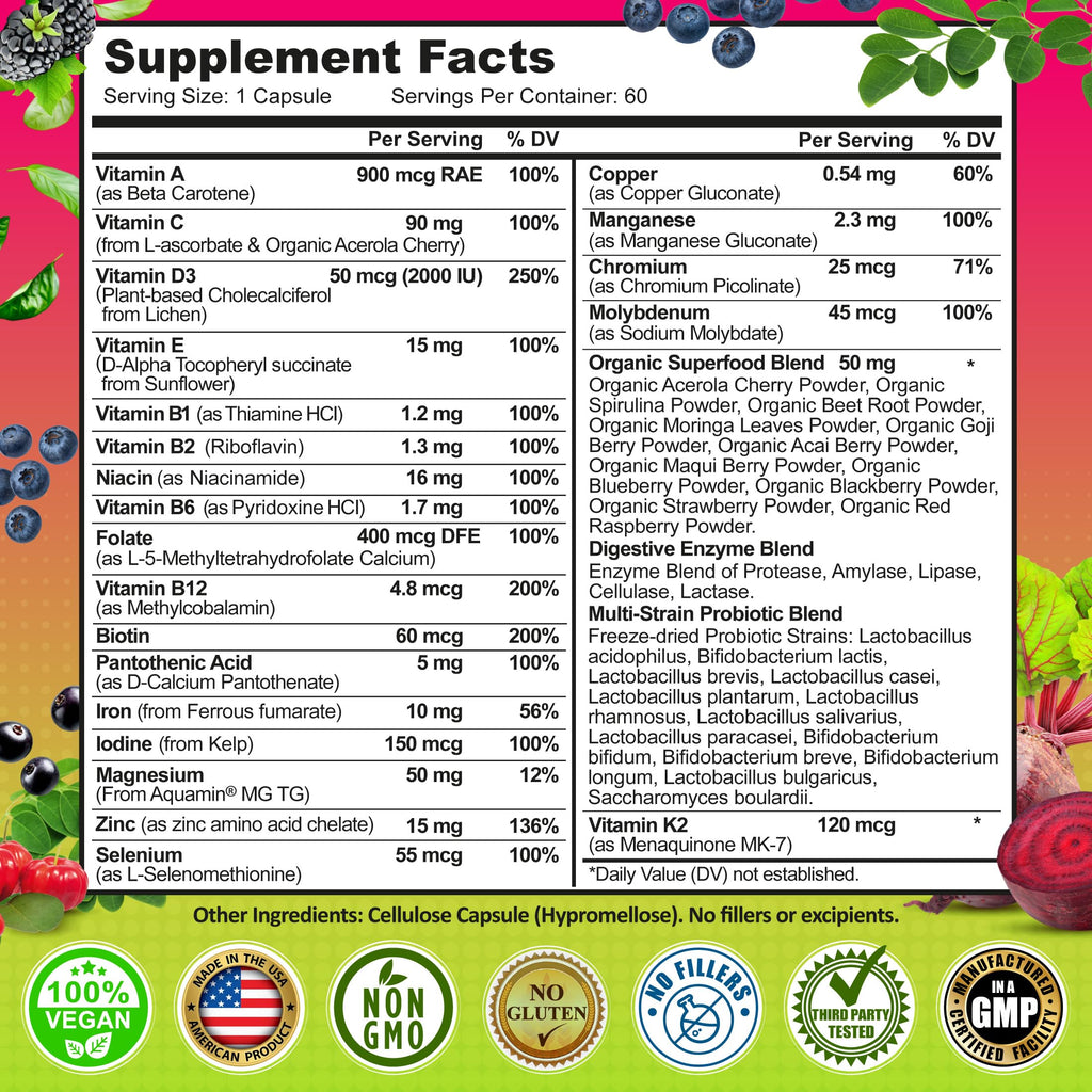 Women's Daily Multivitamin with Iron - Vegan Methylated Multivitamin for Women with Biotin, Organic Superfoods, Probiotics, B-Complex - Energy, Gut & Optimal Health Support – Easy to Swallow Capsules