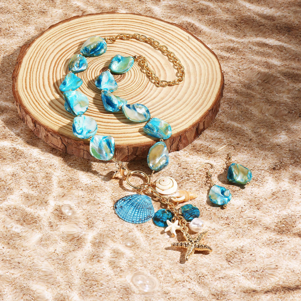 Coiris Natural Seashell Choker Necklaces Earrings Jewelry Set for Women Starfish Shell Freshwater Pearl Collar Necklaces for Women Irregular Mother of Pearl Jewelry Set(ST0023-Blue)