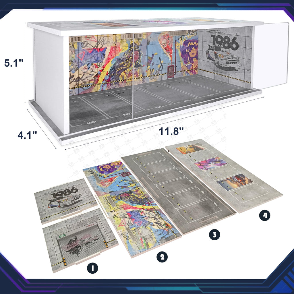1/64 Scale Cars Display Case: Toy Car Parking Garage with LED Light Compatible with Hot Wheels, FoamBoard Storage Display for Matchbox with Acrylic Cover (Shattering World)
