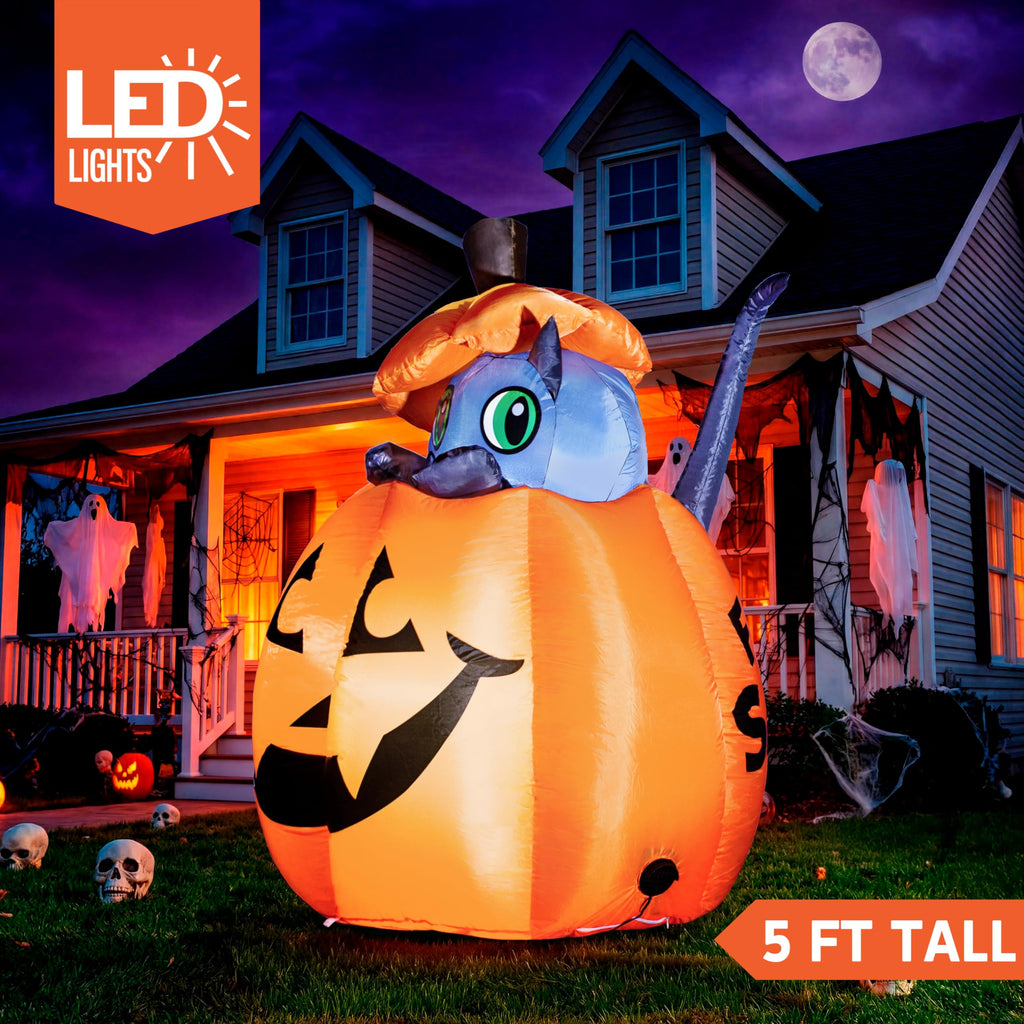Joiedomi 5 FT Animated Pumpkin Inflatables, Outdoor Blow Up Cat On Pumpkin with LEDs for Yard, Outdoor Inflatable Halloween Decorations, Blow Up Halloween Decor for Outside