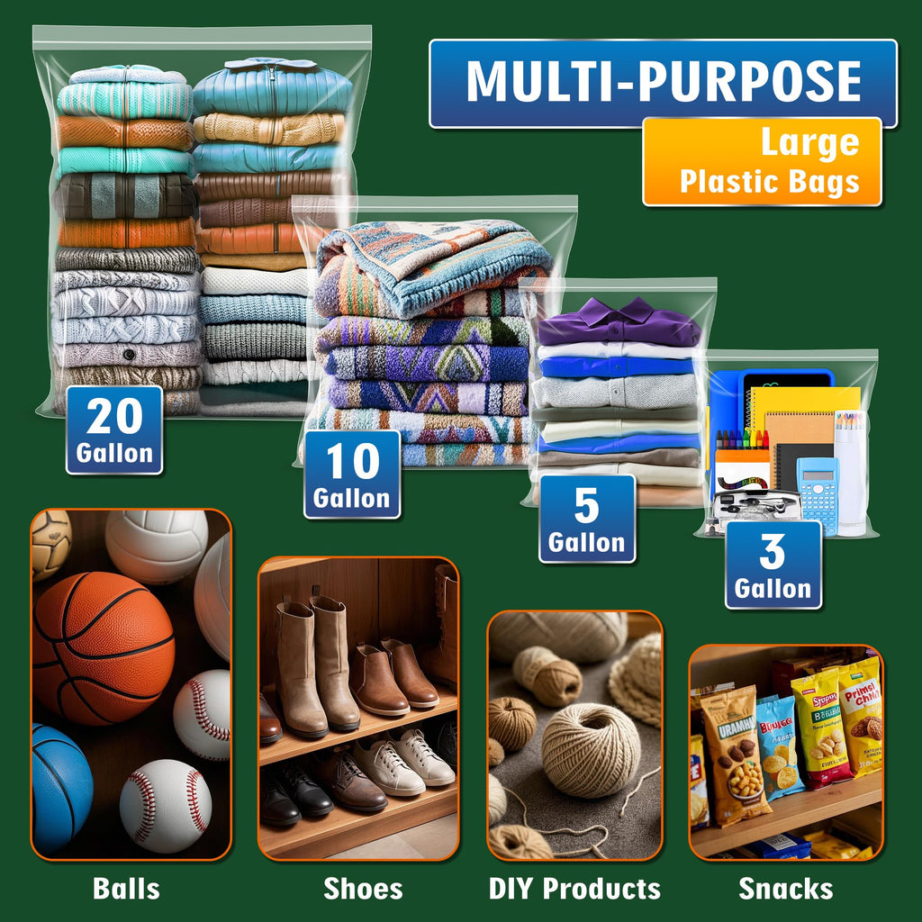 Large 3 Gallon Zippered Plastic Bags for Storage- 16'' x 18'', Ideal for Clothes Clothing, Travel, Moving, 2-mil Thick Clear Plastic, 60 pack