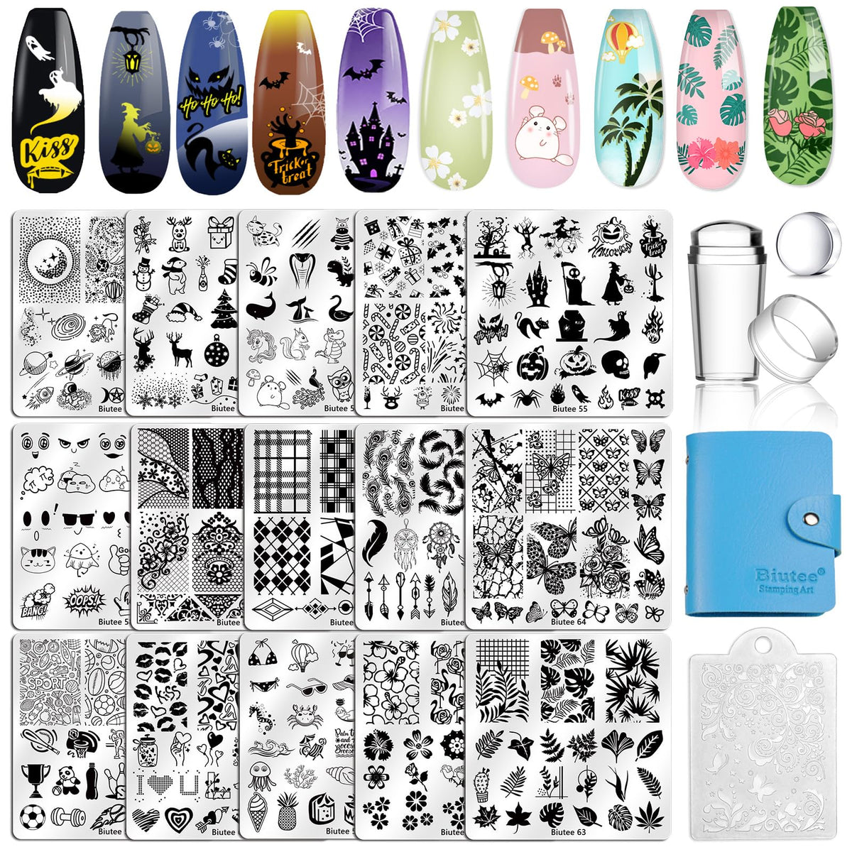 Biutee Nail Stamping Plates Set 15PCS Nail Stamping Kit with Nail Stamper