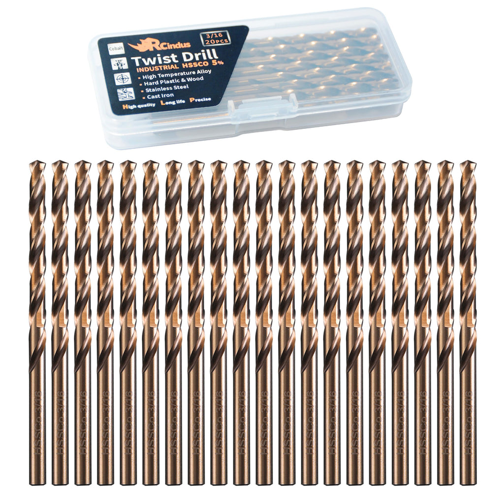 RCINDUS (20PCS) 3/16" Cobalt Drill Bit, HSS M35 Metal Drill Bits for Steel, Stainless Steel, Cast Iron, Hard Plastic and Wood
