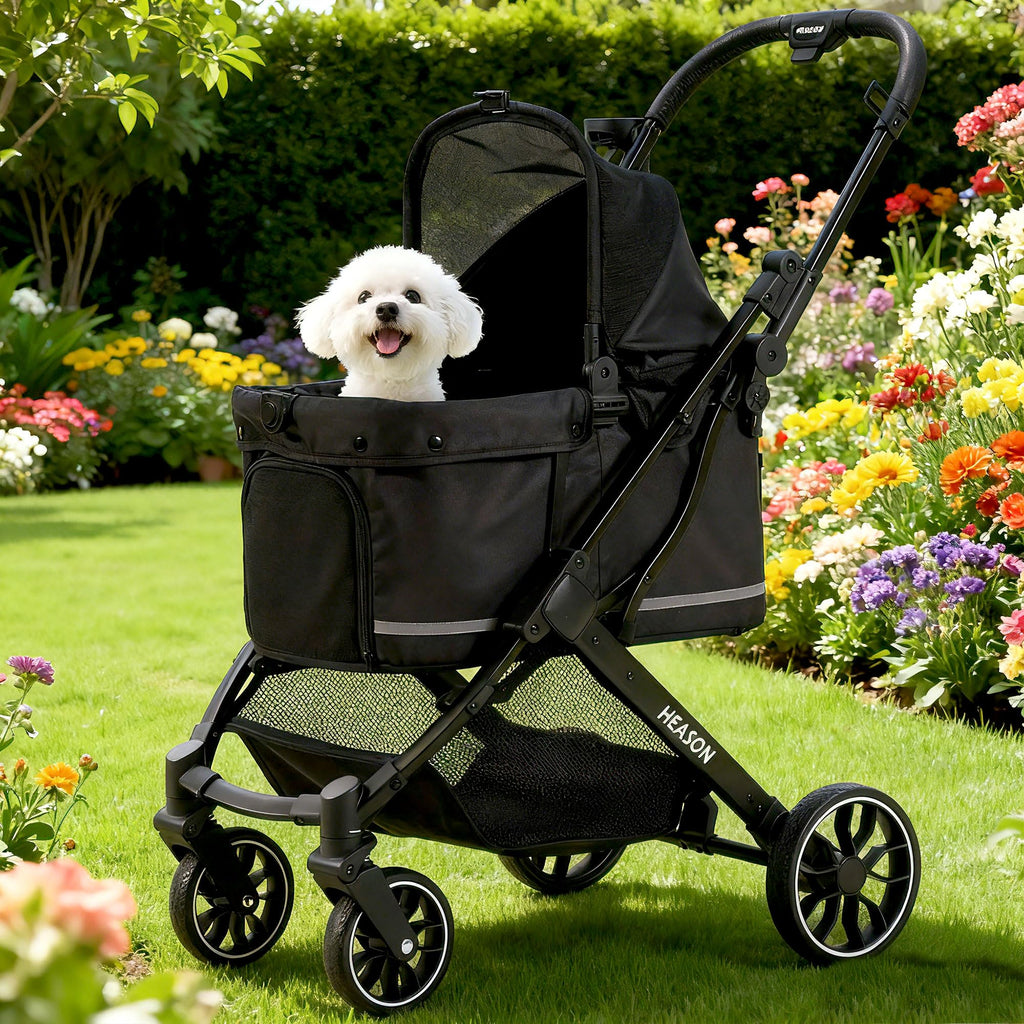 Dog Stroller with Waterproof Rain Cover, Heavy-Duty All-Terrain 4-Wheel Pet Stroller with Adjustable Sunshade Canopy, Foldable Travel Dog Strollers for Small/Medium Dogs Up to 121 lbs