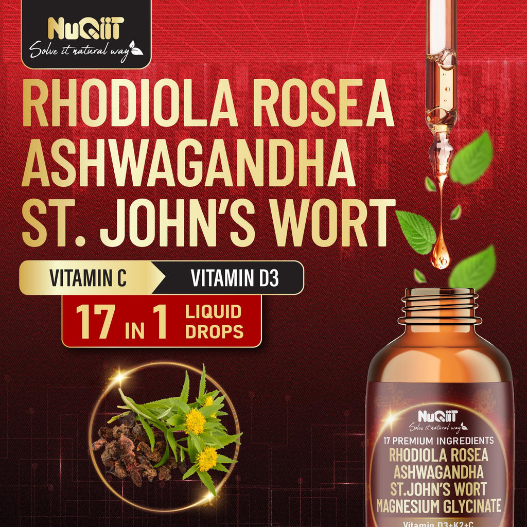 NUQIIT 17in1 Rhodiola Rosea Liquid Drops Tincture w/Ashwagandha Magnesium, L-Theanine. Ultra Rhodiola Cortisol Supplement, Rhodiola Root for Mood, Energy - 1 FL Oz - 60 Day Supply