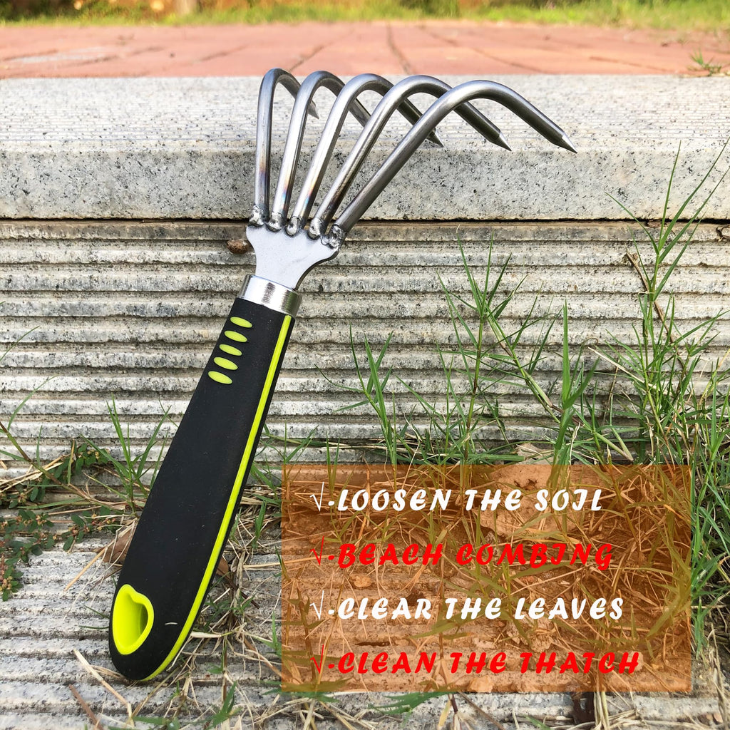 SHANFEEK Garden Rake 5-Claw Landscape Dethatcher Thatching Beach Combing Rake for Digging Clam Shell Defoliation Hoe Garden Tool for Loosen The Soil (Green)
