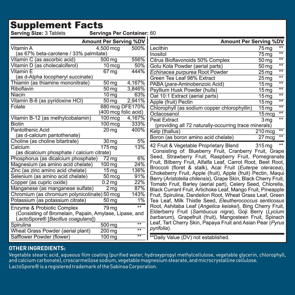 Dr. Tobias Adult Multivitamin for Women & Men, Immune Supporting Vitamins from 42 Fruits, Vegetables, Plus Probiotics, Vegan Multivitamins for Men & Women, Non-GMO, 180 Tablets, 60 Servings