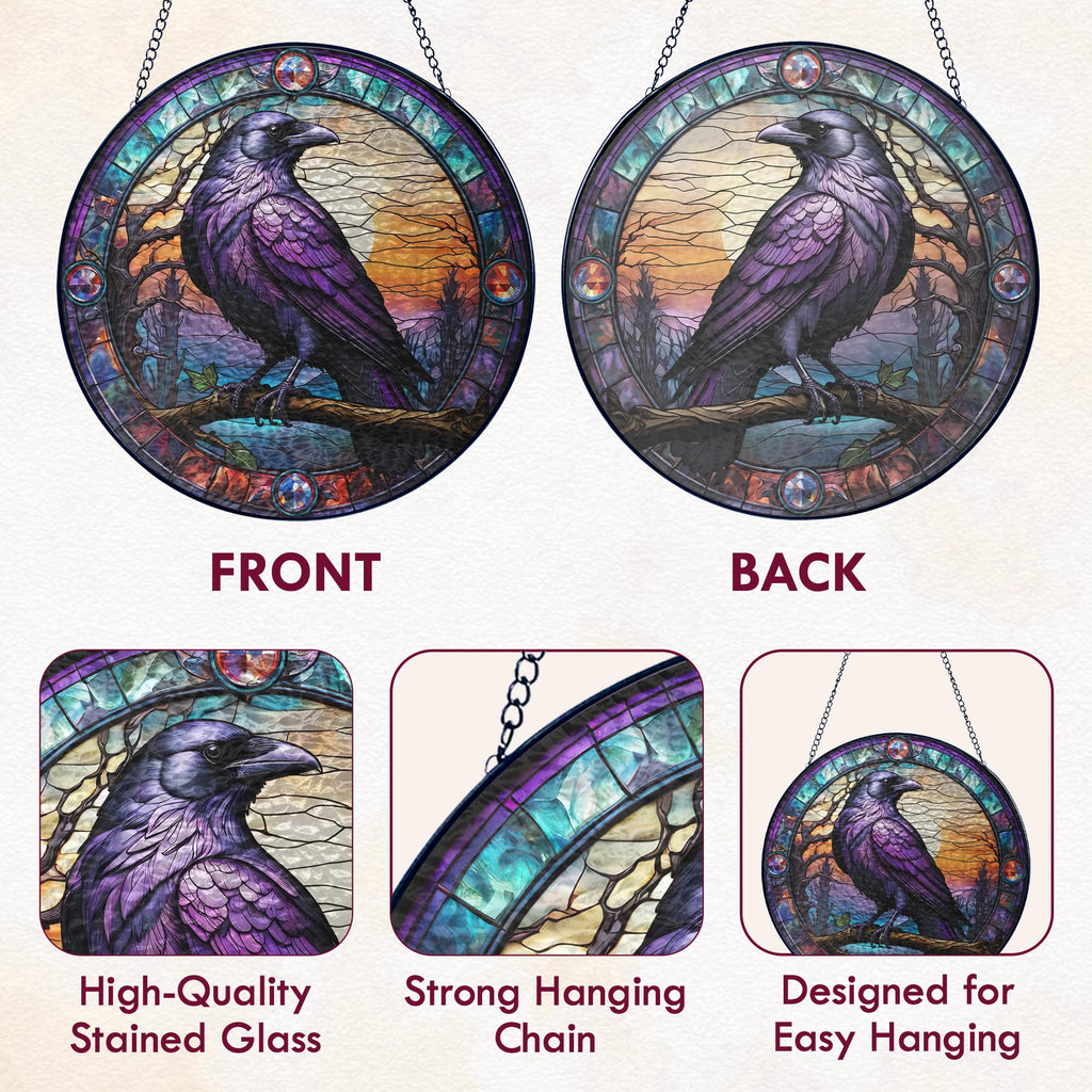 FLAGWIX Raven Crow Gothic Stained Glass Suncatcher, 8 in