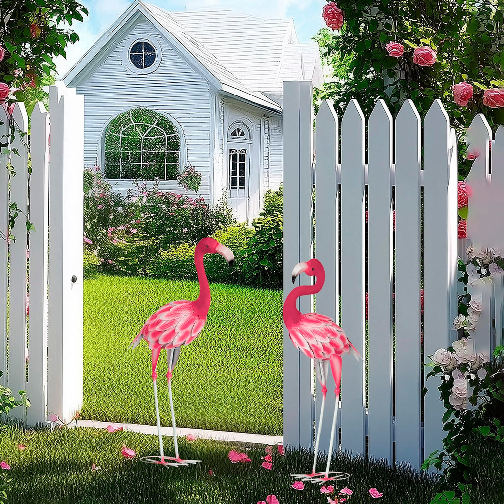 SUNREEK Set of 2 Pink Flamingo Outdoor Statues, Metal Yard Flamingo for Garden Patio Lawn Backyard Decorations